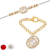 White Pearl & Kundan Rakhi & Watch Charm Lumba (Watch Accesories) Combo With Roli Chawal & Rakshabandhan Card