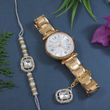 White Pearl & Kundan Rakhi & Watch Charm Lumba (Watch Accesories) Combo With Roli Chawal & Rakshabandhan Card