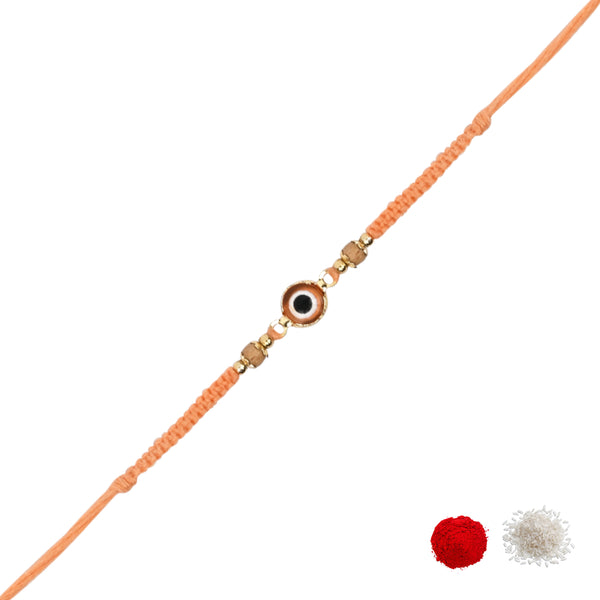 Delicate Peach Enamel Evil Eye Rakhi with Roli Chawal & Rakshabandhan Card