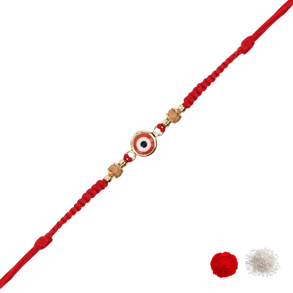 Delicate Red Enamel Evil Eye Rakhi with Roli Chawal & Rakshabandhan Card