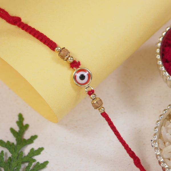 Delicate Red Enamel Evil Eye Rakhi with Roli Chawal & Rakshabandhan Card