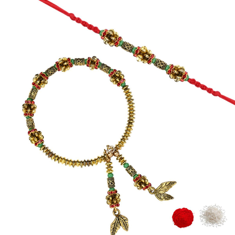 Elegant Bhaiya Bhabhi Lumba Pearl Rakhi With Roli Chawal & Card