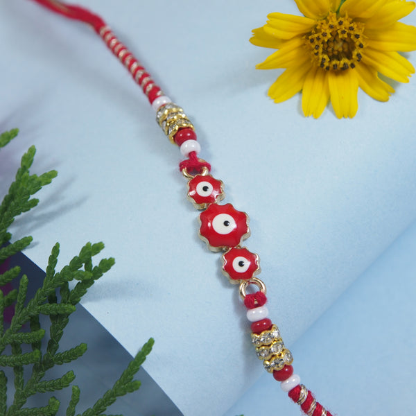 Delicate Red Enamel Evil Eye Rakhi with Roli Chawal & Rakshabandhan Card