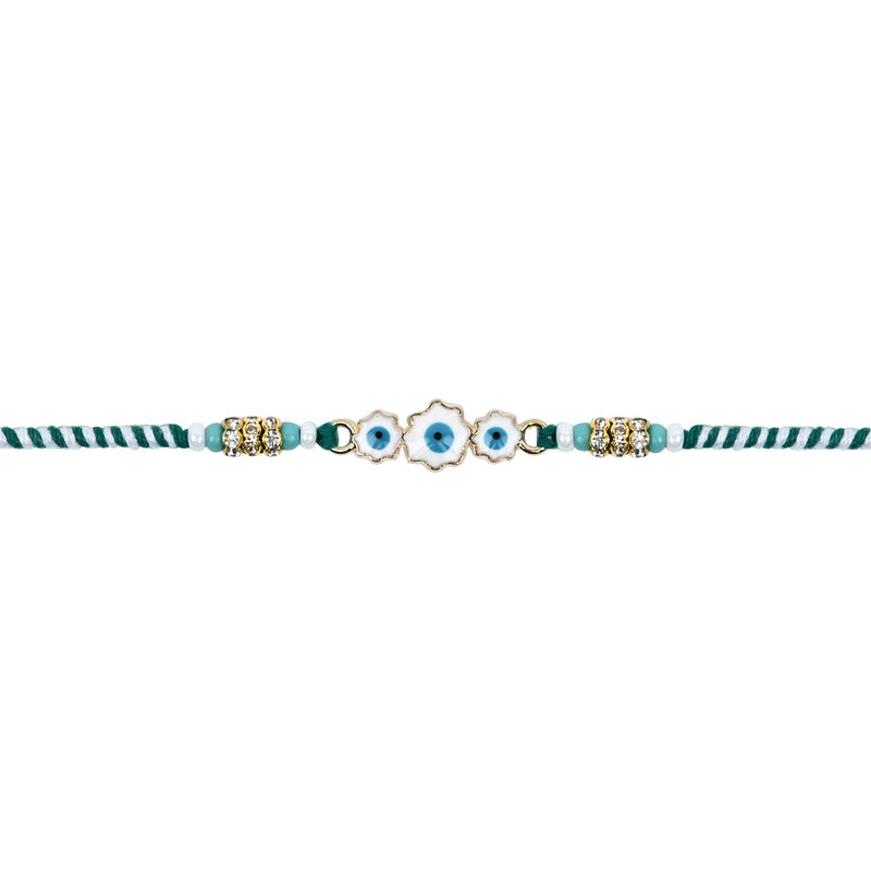 Delicate Turquoise Enamel Evil Eye Rakhi with Roli Chawal & Rakshabandhan Card