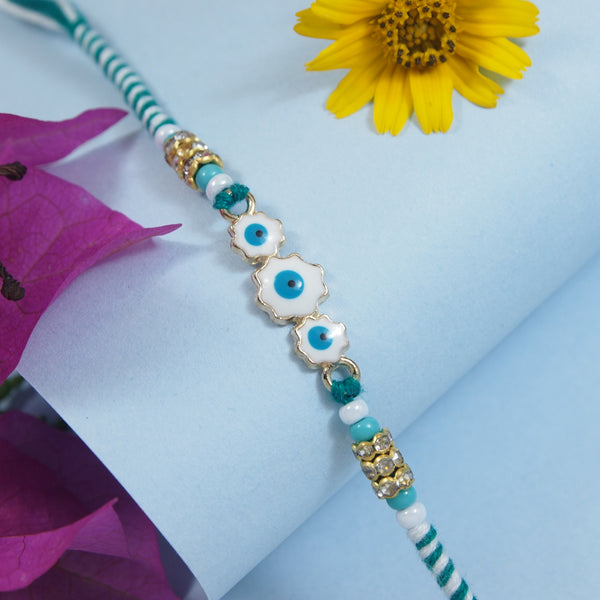 Delicate Turquoise Enamel Evil Eye Rakhi with Roli Chawal & Rakshabandhan Card