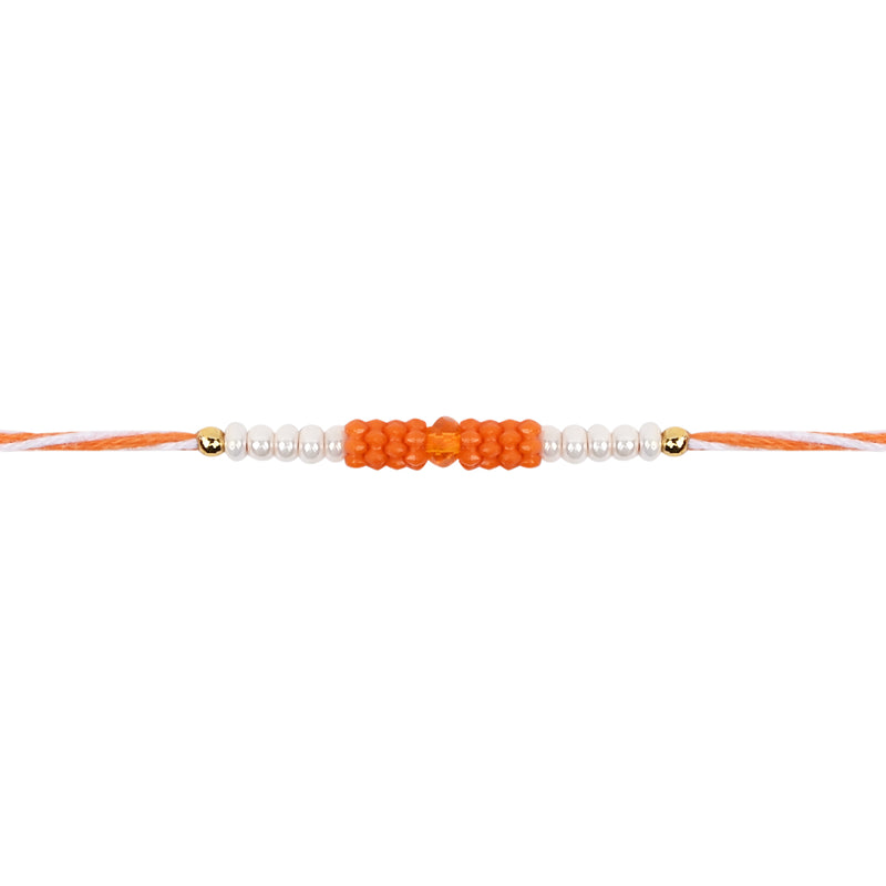 DELICATE PEARL BEADS Orange RAKHI WITH ROLI CHAWAL & RAKSHABANDHAN CARD