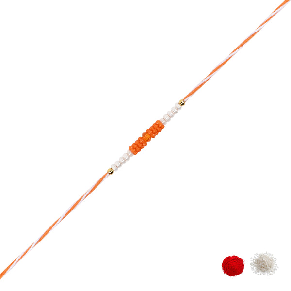 DELICATE PEARL BEADS Orange RAKHI WITH ROLI CHAWAL & RAKSHABANDHAN CARD