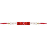 DELICATE PEARL BEADS RED RAKHI WITH ROLI CHAWAL & RAKSHABANDHAN CARD