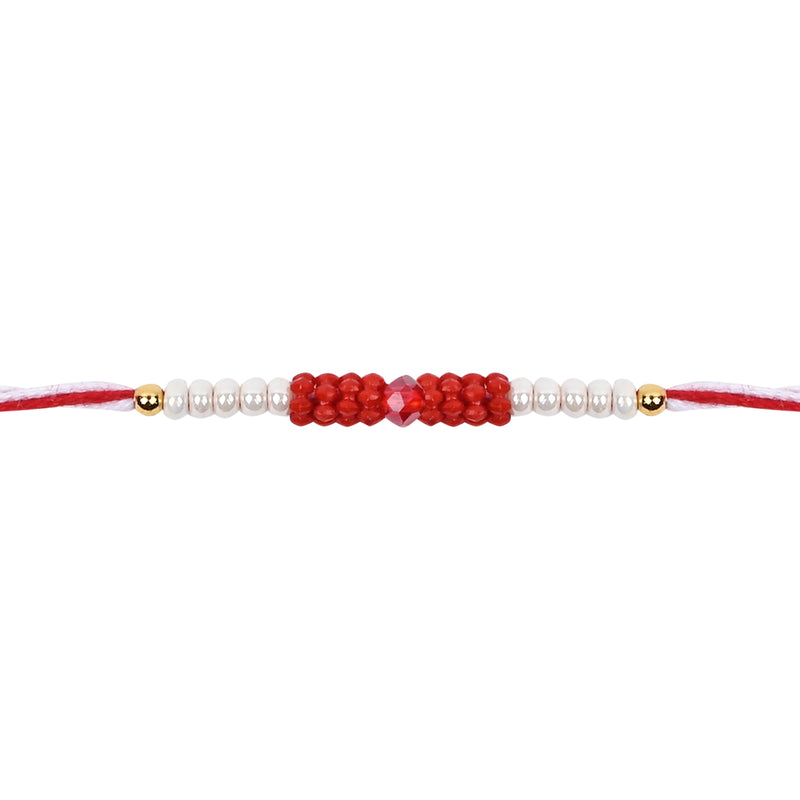 DELICATE PEARL BEADS RED RAKHI WITH ROLI CHAWAL & RAKSHABANDHAN CARD