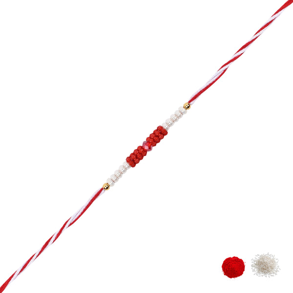 DELICATE PEARL BEADS RED RAKHI WITH ROLI CHAWAL & RAKSHABANDHAN CARD