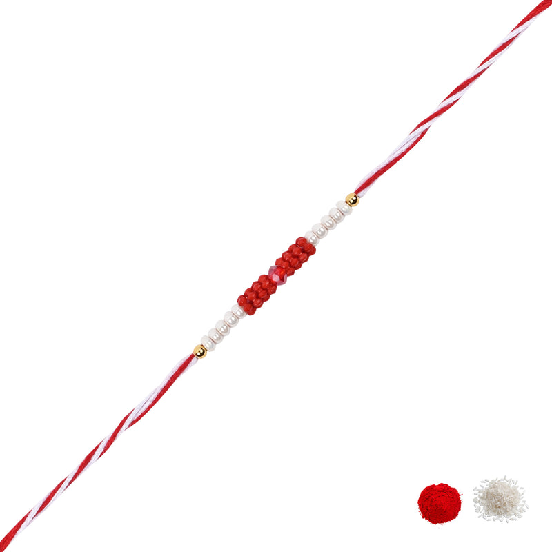 DELICATE PEARL BEADS RED RAKHI WITH ROLI CHAWAL & RAKSHABANDHAN CARD