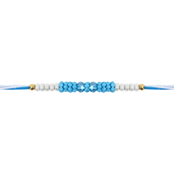 DELICATE PEARL BEADS TURQUOISE RAKHI WITH ROLI CHAWAL & RAKSHABANDHAN CARD