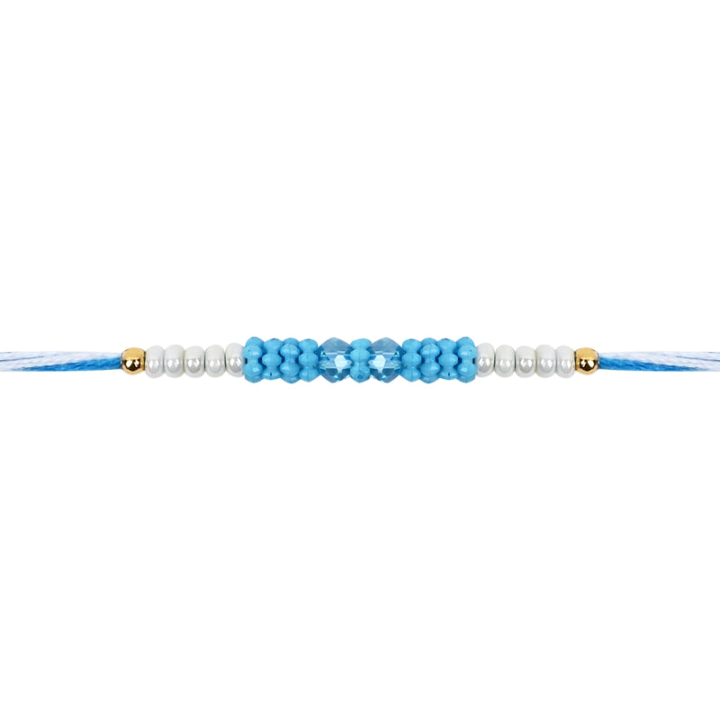 DELICATE PEARL BEADS TURQUOISE RAKHI WITH ROLI CHAWAL & RAKSHABANDHAN CARD