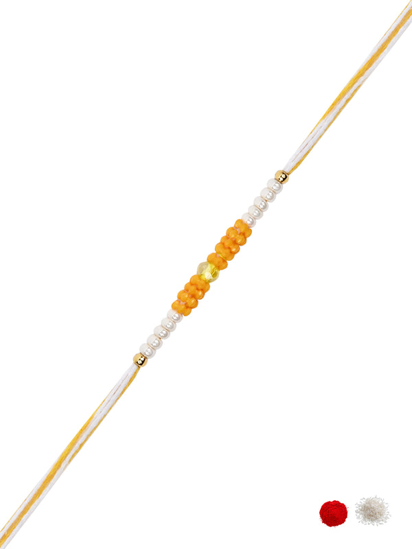 DELICATE PEARL BEADS YELLOW RAKHI WITH ROLI CHAWAL & RAKSHABANDHAN CARD