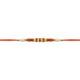 DELICATE PEARL BEADED CREAM RAKHI WITH ROLI CHAWAL & RAKSHABANDHAN CARD