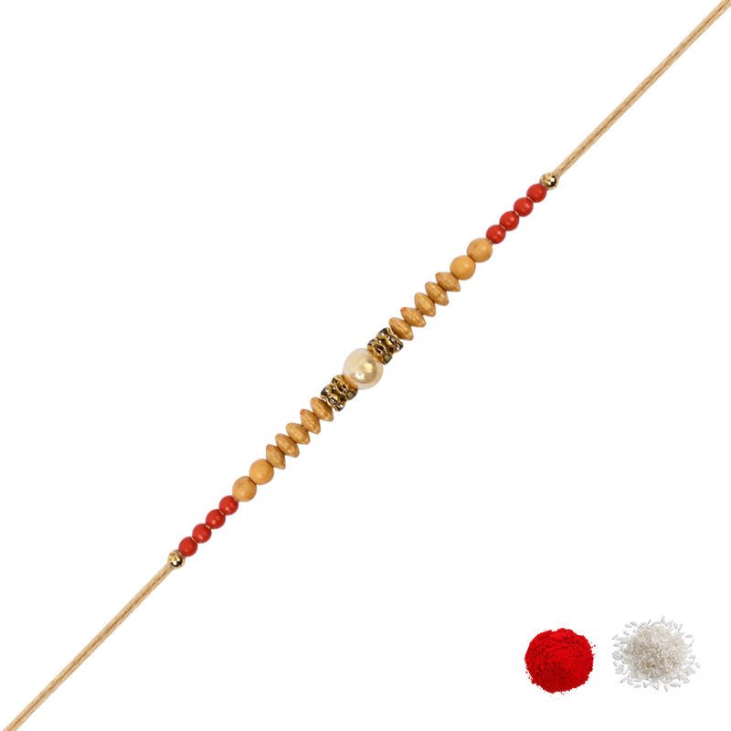 DELICATE PEARL BEADED CREAM RAKHI WITH ROLI CHAWAL & RAKSHABANDHAN CARD