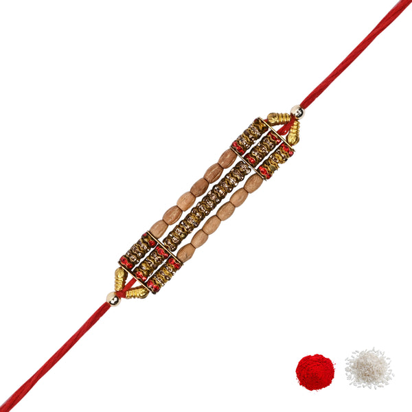 DELICATE PEARL BEADED MAROON RAKHI WITH ROLI CHAWAL & RAKSHABANDHAN CARD