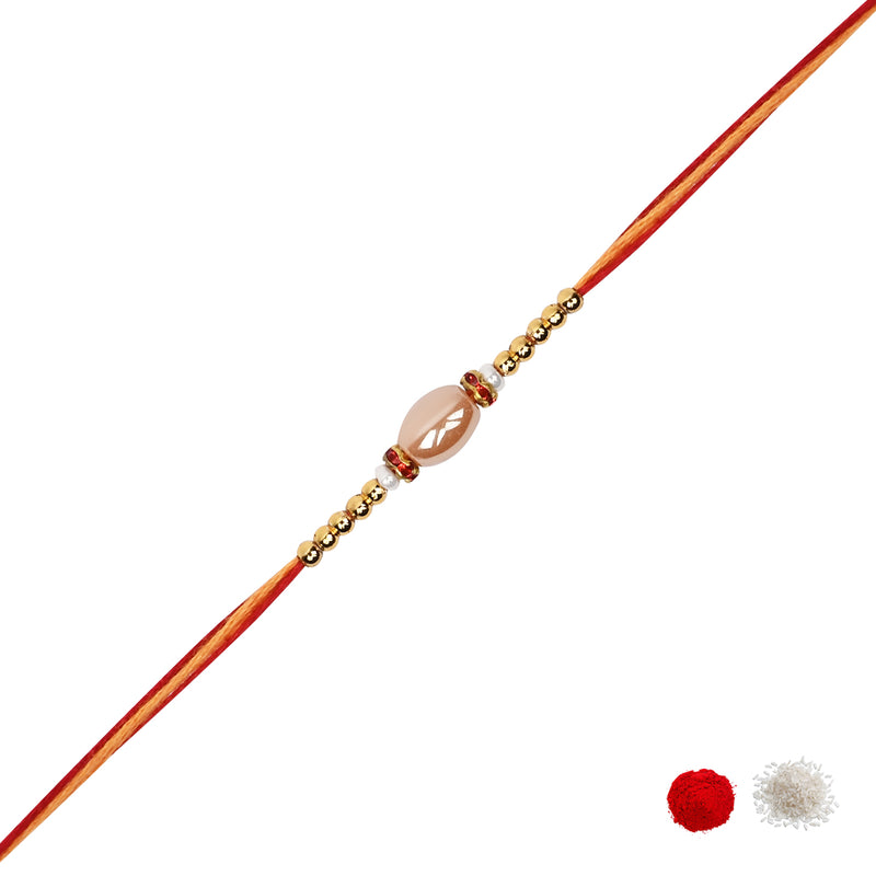 DELICATE PEARL BEADED RAKHI WITH ROLI CHAWAL & RAKSHABANDHAN CARD