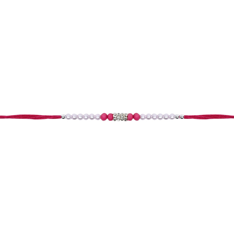 DELICATE Pink PEARL BEADED RAKHI WITH ROLI CHAWAL & RAKSHABANDHAN CARD