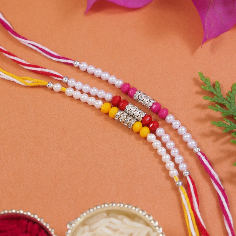 Designer Pearl Beaded Rakhi with Roli Chawal & Rakshabandhan Card