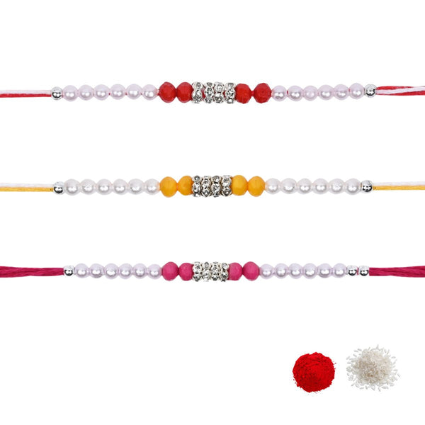 Designer Pearl Beaded Rakhi with Roli Chawal & Rakshabandhan Card