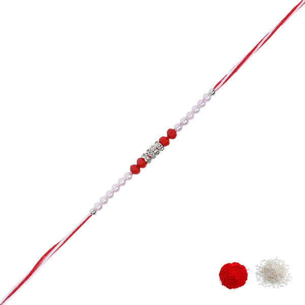 DELICATE Red PEARL BEADED RAKHI WITH ROLI CHAWAL & RAKSHABANDHAN CARD