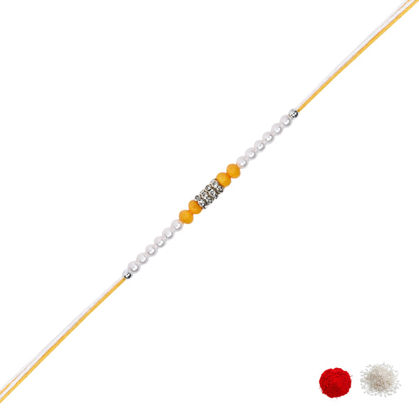 DELICATE Yellow PEARL BEADED RAKHI WITH ROLI CHAWAL & RAKSHABANDHAN CARD