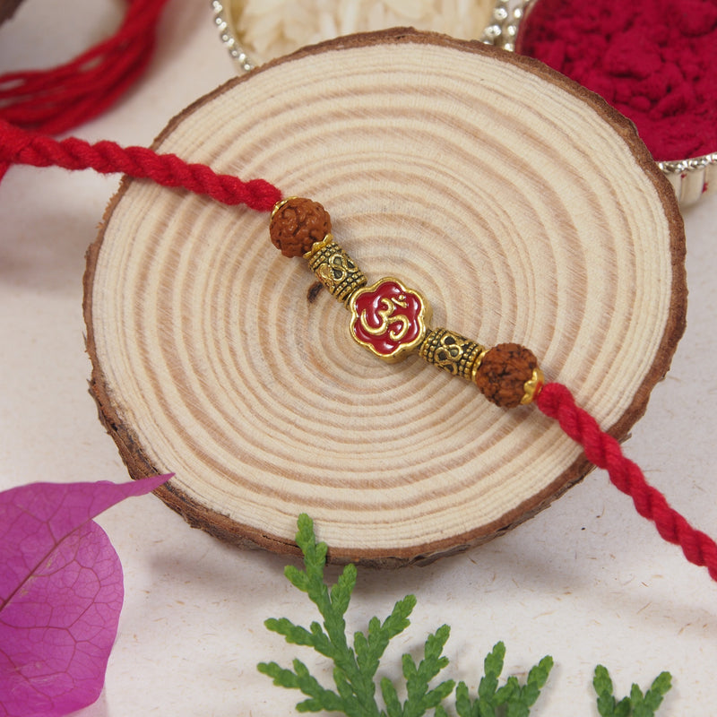 Om Red Enamel Pearl Beaded Rakhi