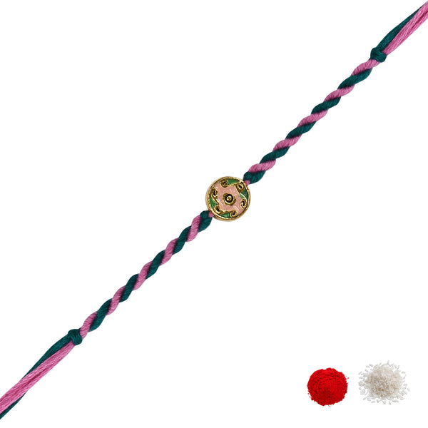 DELICATE PEARL BEADED RAKHI WITH ROLI CHAWAL & RAKSHABANDHAN CARD