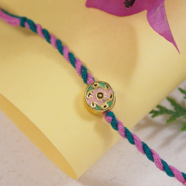 DELICATE PEARL BEADED RAKHI WITH ROLI CHAWAL & RAKSHABANDHAN CARD