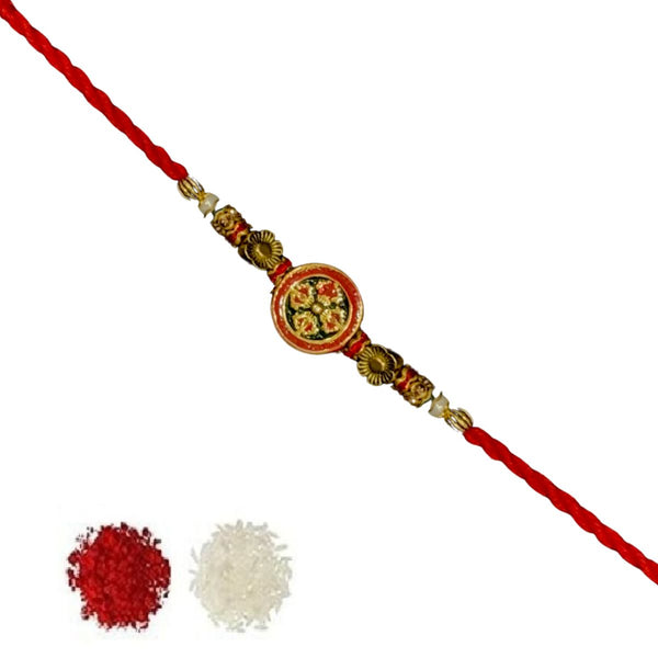 DELICATE PEARL BEADED RAKHI WITH ROLI CHAWAL & RAKSHABANDHAN CARD