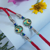 Designer Peacock Feather Rakhi with Roli Chawal & Rakshabandhan Card