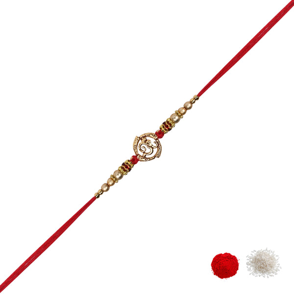 DELICATE PEARL BEADED Peacock RAKHI WITH ROLI CHAWAL & RAKSHABANDHAN CARD