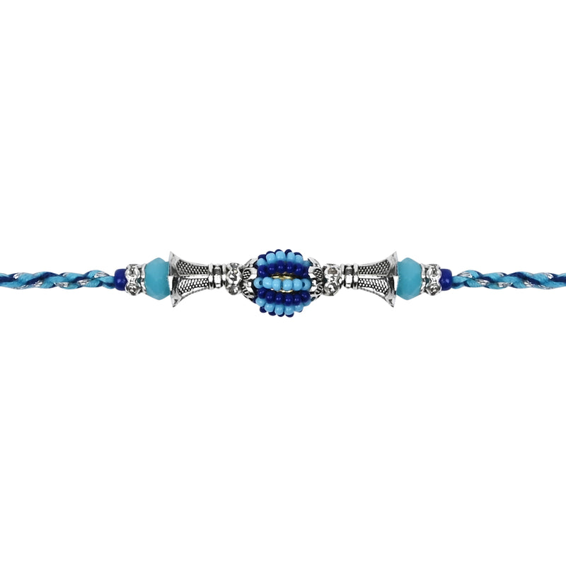 DELICATE PEARL BEADED Blue RAKHI WITH ROLI CHAWAL & RAKSHABANDHAN CARD