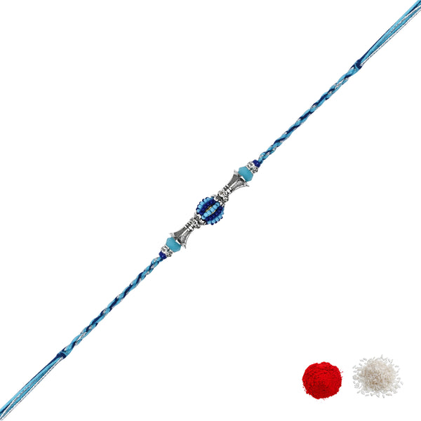 DELICATE PEARL BEADED Blue RAKHI WITH ROLI CHAWAL & RAKSHABANDHAN CARD