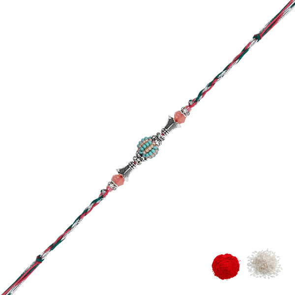 DELICATE PEARL BEADED Mint RAKHI WITH ROLI CHAWAL & RAKSHABANDHAN CARD