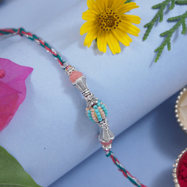 DELICATE PEARL BEADED Mint RAKHI WITH ROLI CHAWAL & RAKSHABANDHAN CARD