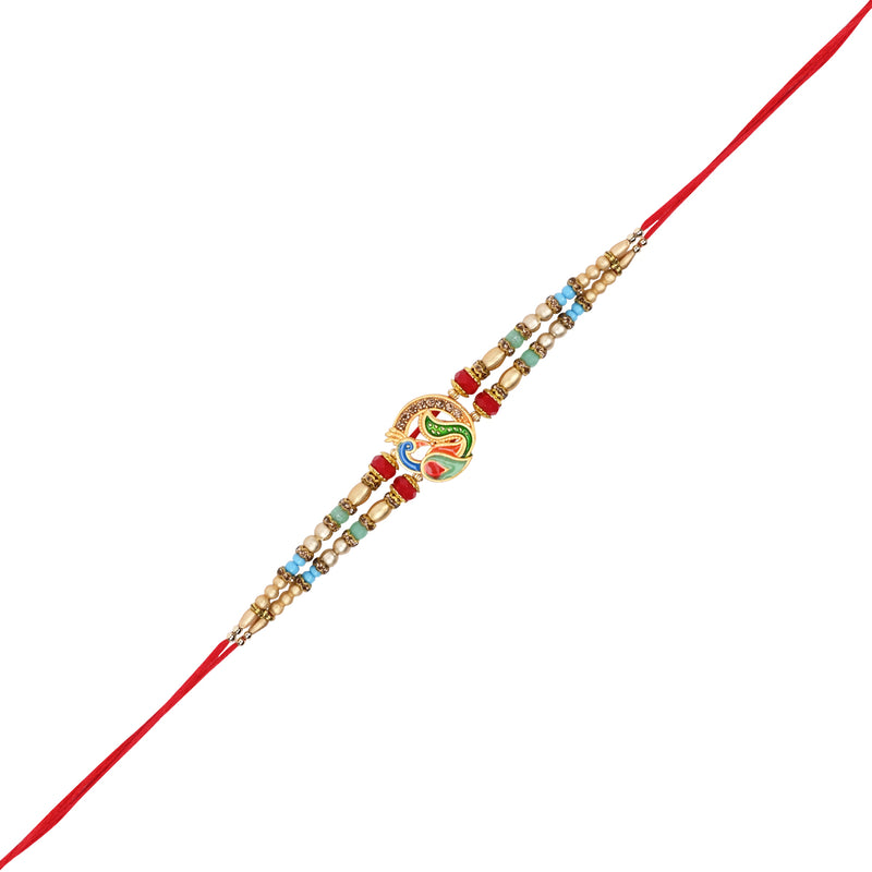 DELICATE PEARL BEADED Peacock RAKHI WITH ROLI CHAWAL & RAKSHABANDHAN CARD