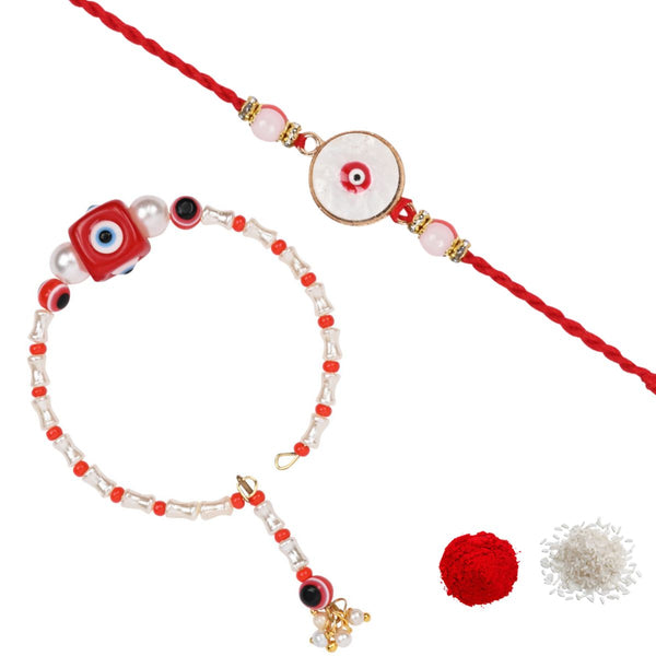 Elegant Bhaiya Bhabhi Red Pearl Lumba Bracelet & Rakhi With Roli Chawal & Card