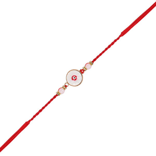 Delicate White Enamel Evil Eye Rakhi with Roli Chawal & Rakshabandhan Card