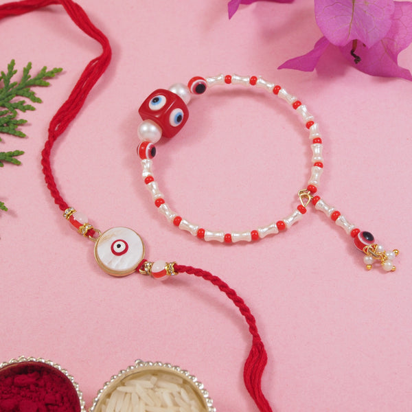 Elegant Bhaiya Bhabhi Red Pearl Lumba Bracelet & Rakhi With Roli Chawal & Card