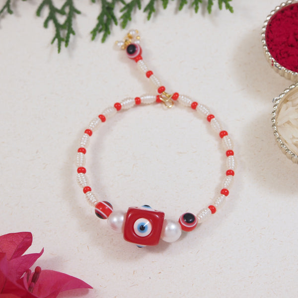 Elegantly Crafted Red Evil Eye Pearl Adjustable Lumba Bracelet