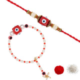 Elegant Bhaiya Bhabhi Red Pearl Lumba Bracelet & Rakhi With Roli Chawal & Card