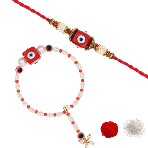 Elegant Bhaiya Bhabhi Red Pearl Lumba Bracelet & Rakhi With Roli Chawal & Card