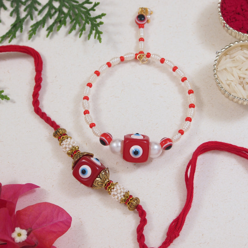 Elegant Bhaiya Bhabhi Red Pearl Lumba Bracelet & Rakhi With Roli Chawal & Card