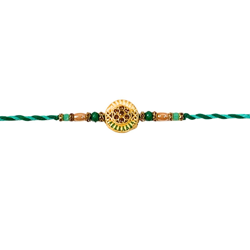 DELICATE PEARL BEADED Green RAKHI WITH ROLI CHAWAL & RAKSHABANDHAN CARD