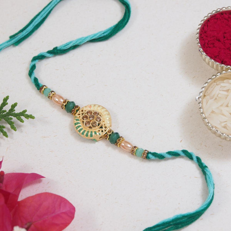 DELICATE PEARL BEADED Green RAKHI WITH ROLI CHAWAL & RAKSHABANDHAN CARD