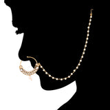 Gold-Plated White Kundan-Studded Nose Ring With Pearl Chain