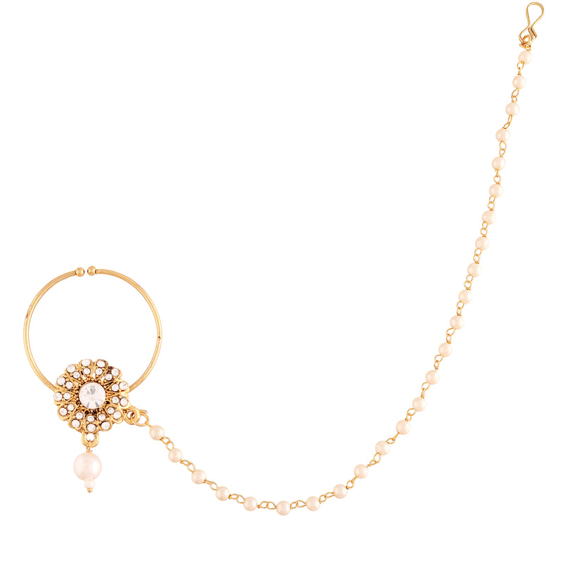 Gold-Plated White Flower Kundan-Studded Nose Ring With Pearl Chain