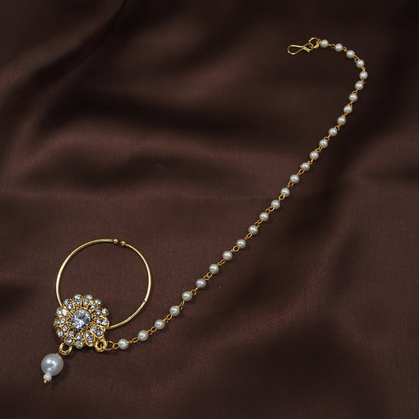 Gold-Plated White Flower Kundan-Studded Nose Ring With Pearl Chain